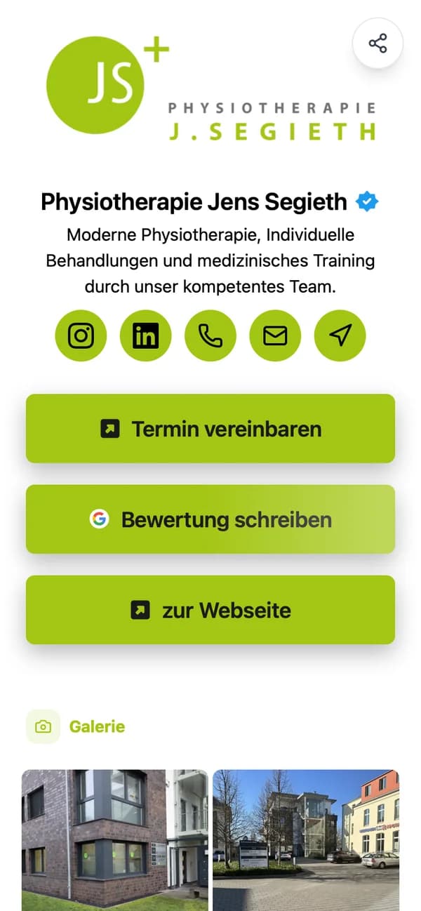 Die Mini-Website von Physiotherapie Jens Segieth auf dem Handy